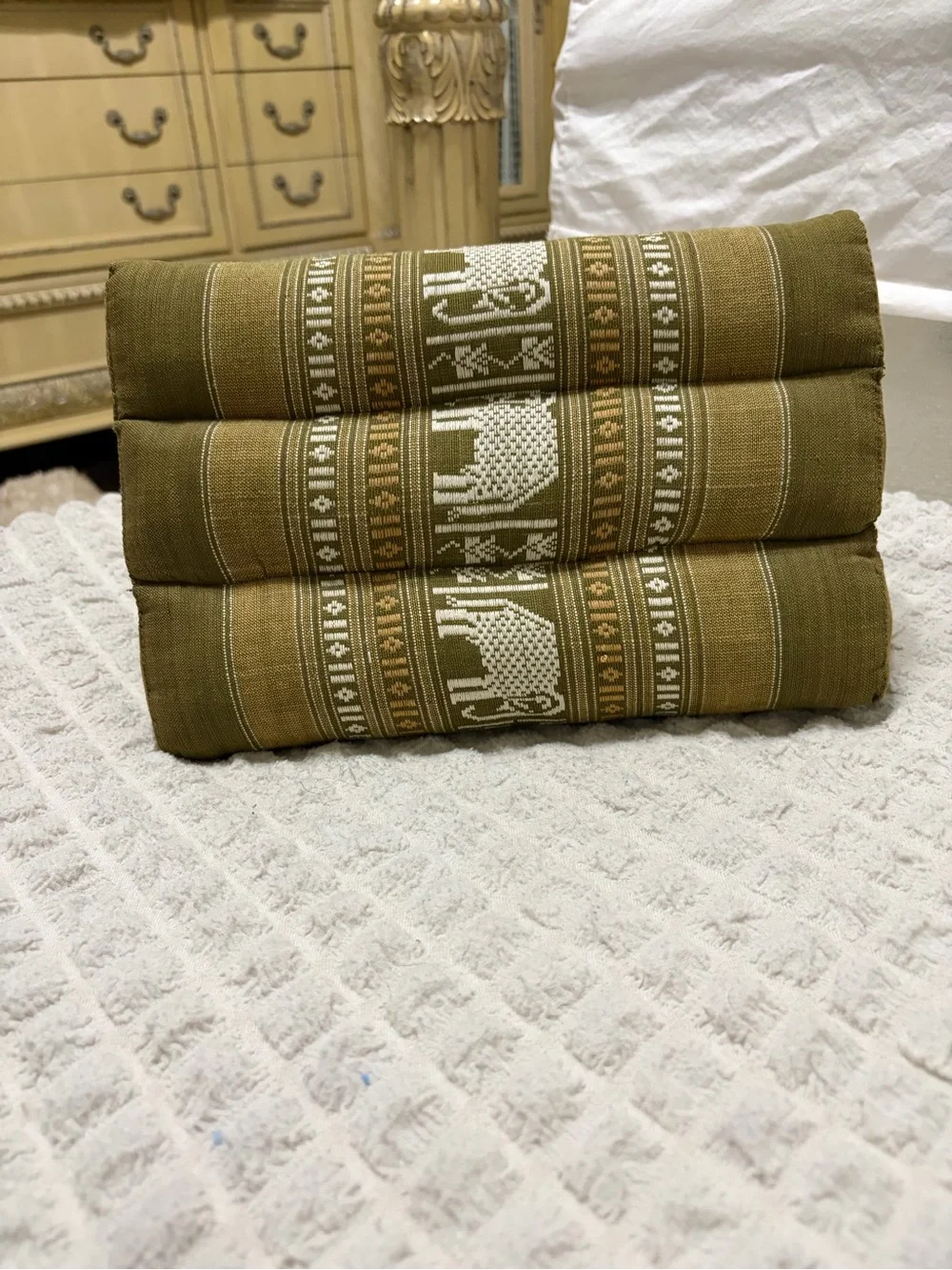 Olive Green Elephant Pattern Triangular Floor Cushion Pillow- Thai Traditional